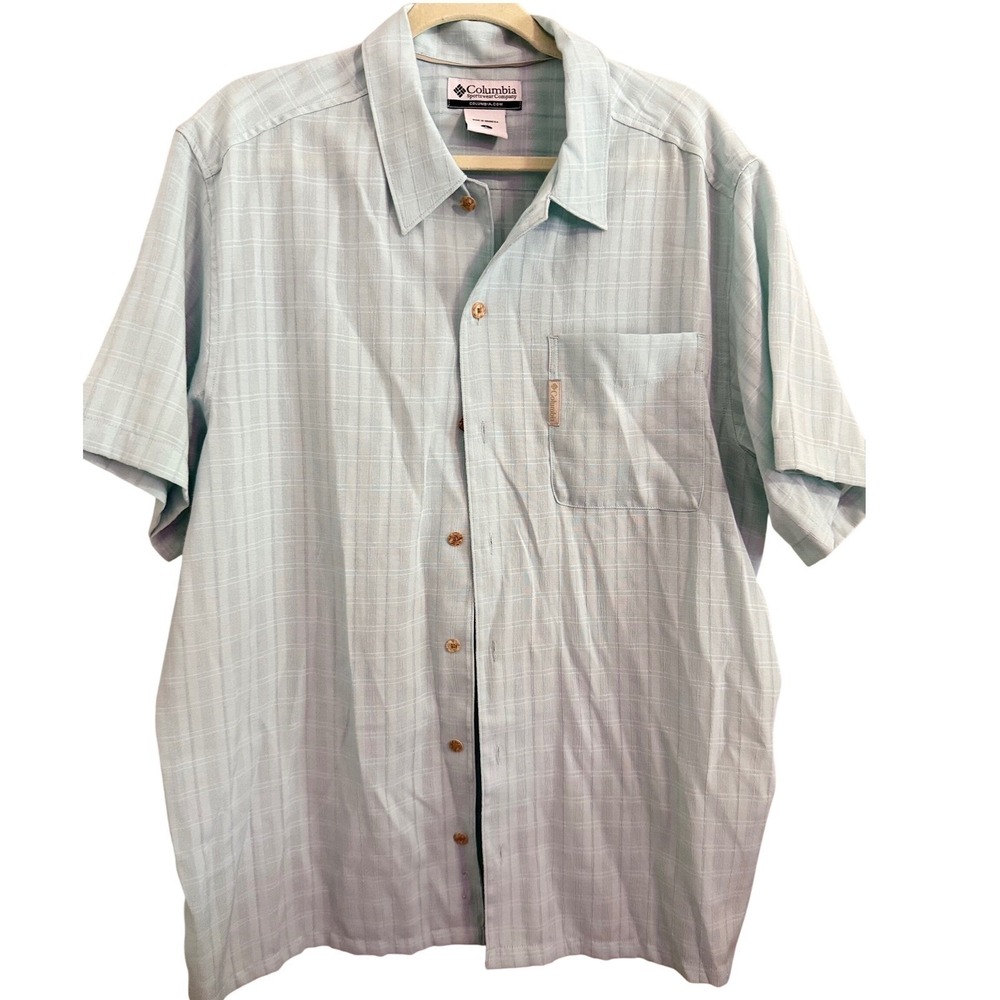 Columbia Sportswear‎ Mens Short Sleeve Button Up Shirt Light Blue Plaid Size L